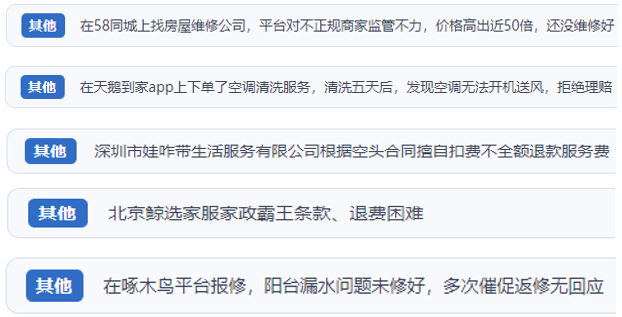 ������Ͷ�ߡ��û���ӳ��������ˮ��©ά�ޡ��ҵ���ϴ�����ŷ����г��ֵ����������Լ�ƽ̨���ȱʧ���������������Ͷ�ߡ�ƽ̨��ͼ��